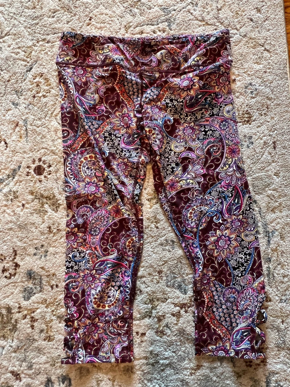 Altar'd State Burgundy Paisley Leggings with Pink and Gold Accents